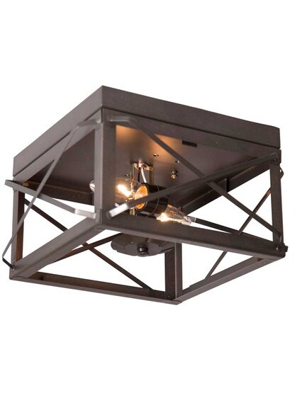 Double Flush-Mount Ceiling Light with Folded Bars in Kettle Black Tin.